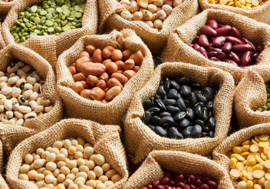 burlap bags of beans and lentils